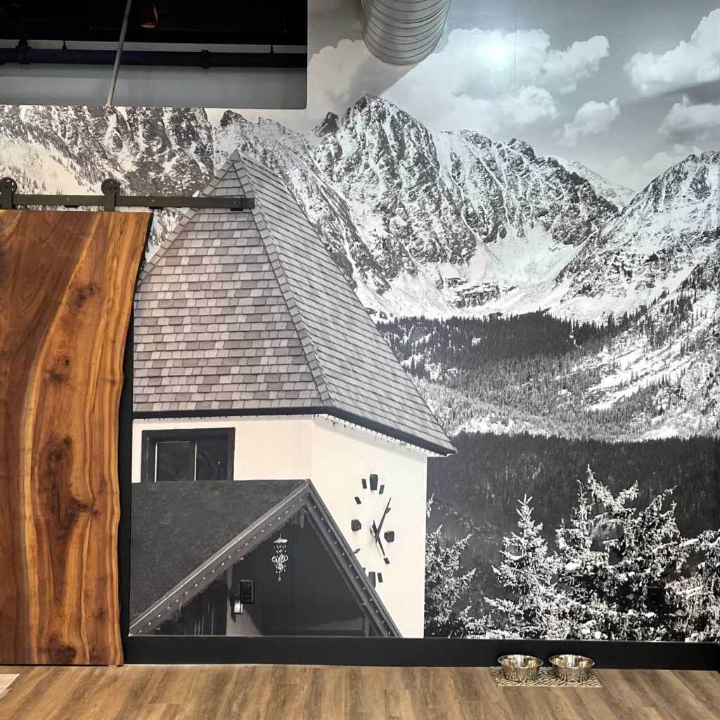 Mural of snowy mountains on wall of 1st and Main investment advisors office in Edwards, CO